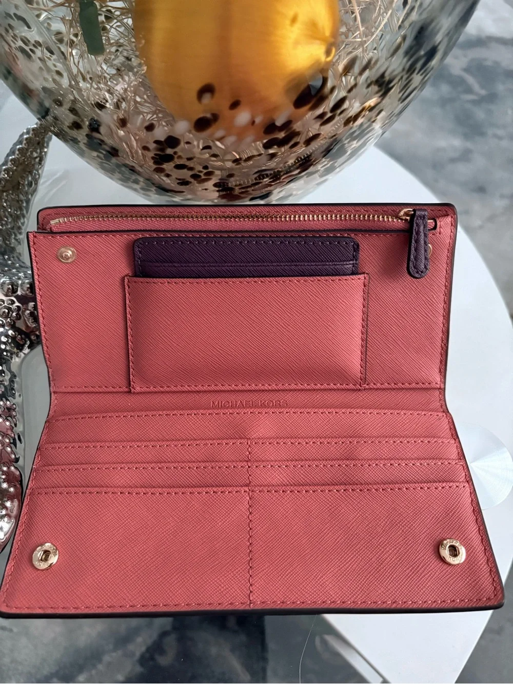 Michael Kors Plum Saffiano Zip Wallet with Gold Logo - Picture 3 of 4
